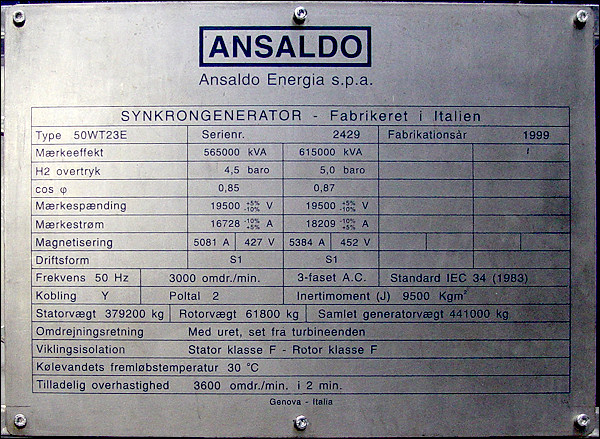 M&aelig;rkeplade for synkrongenerator fra Ansaldo Energia s.p.a