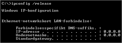 IP-adresse frig&oslash;res med kommandoen ipconfig /release