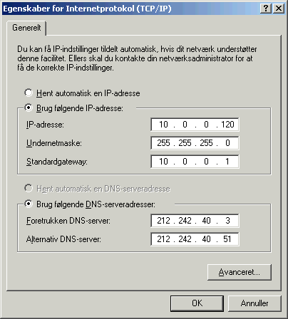 Dialogboksen, hvor der kan vælges automatisk konfiguration (Hent automatisk...) eller manuel konfiguration (Brug følgende...) med indtastning af respektive værdier.