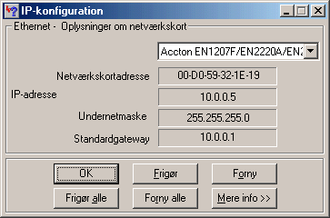 IP-konfigurationsvinduet i Win98, fremtryllet med kommandoen winipcfg